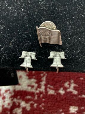 Pewter Tone Patriotic Flag Pin and Liberty Bell Screwback Earrings